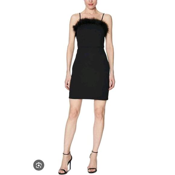 Laundry By Shelli Segal Black Feather Trim Sheath Sleeveless Mini Dress Size 8 - Picture 1 of 11